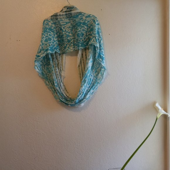 Turquoise Blue & White Ikat Mixed Print Infinity Scarf - Picture 8 of 16